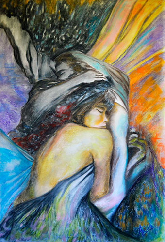 El abrazo. Técnica pastel al óleo s/tela. 0,78 x 1,18m